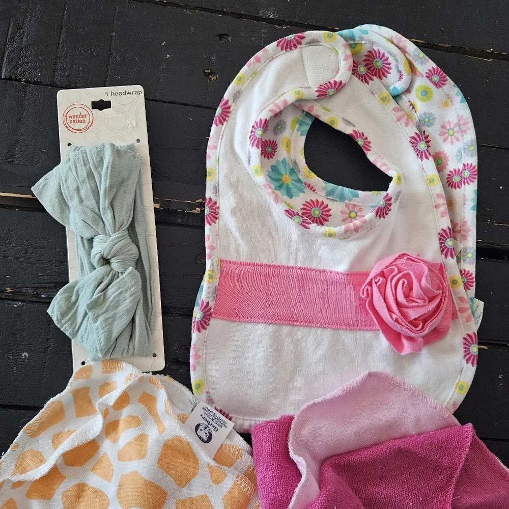 Lot Bundle of Baby Girl Items 14 Wash Cloths 2 Bibs Headband Muslin Blanket